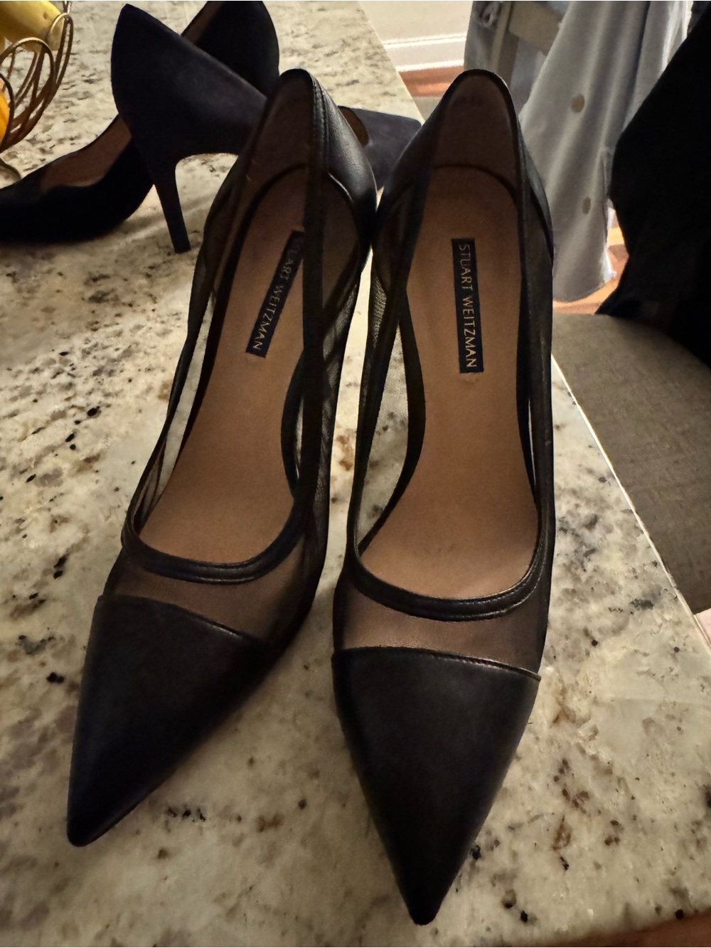 Stuart Weitzman Black Pointed-Toe Mesh Pumps